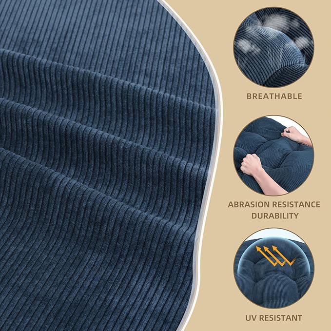 Rocking Chair Cushion - Corduroy Fabric, High-Density Sponge, Durable Comfort Non-Slip Bottom Tufted Seat Pads with Ties, Corduroy︱Dark Blue, 44x19x4 inch