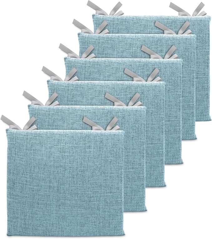 Lifup 6 Pack Chair Cushion Memory Foam Pads, Square Non-Slip Thick Dining Chair Cushions with Ties and Removable Cover for Home Office Restaurant Chair Pads Blue 18 x 18 Inch