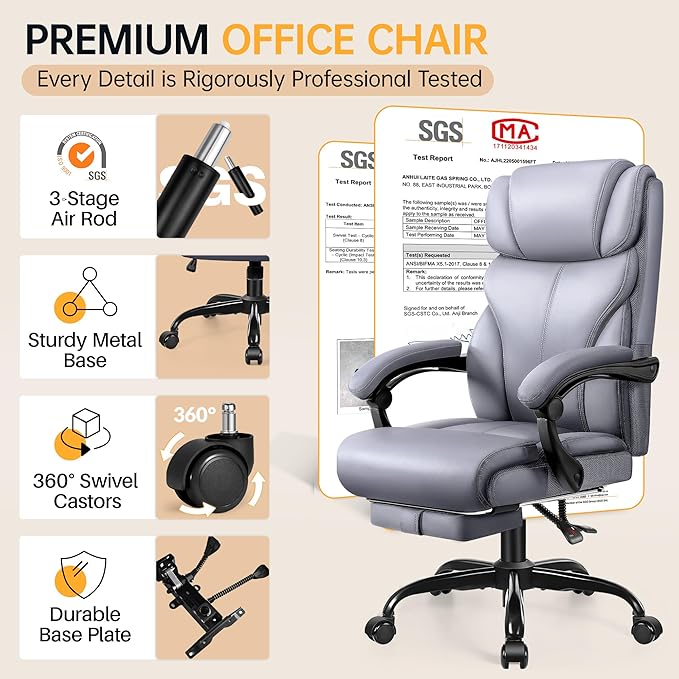 HeroSet Big and Tall Office Chair with Foot Rest, 400lbs Ergonomic Reclining High Back Executive Leather Chair, Lumbar Support Swivel Computer Desk Chairs for Heavy People Home Office Gaming(Gray)