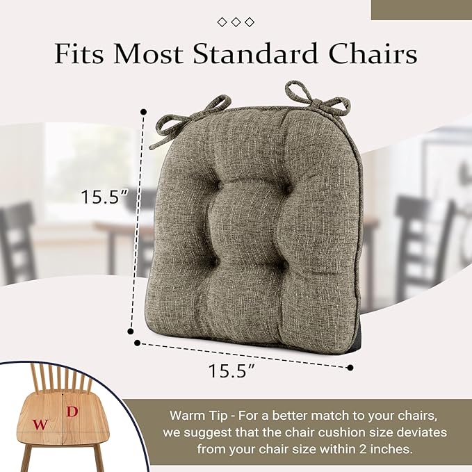 Wellsin Chair Cushions for Dining Chairs, Non-Slip Kitchen Chair Pads with Ties, Tufted Shredded Foam Kitchen Chair Cushions Set of 4, 15.5" X 15.5", Khaki
