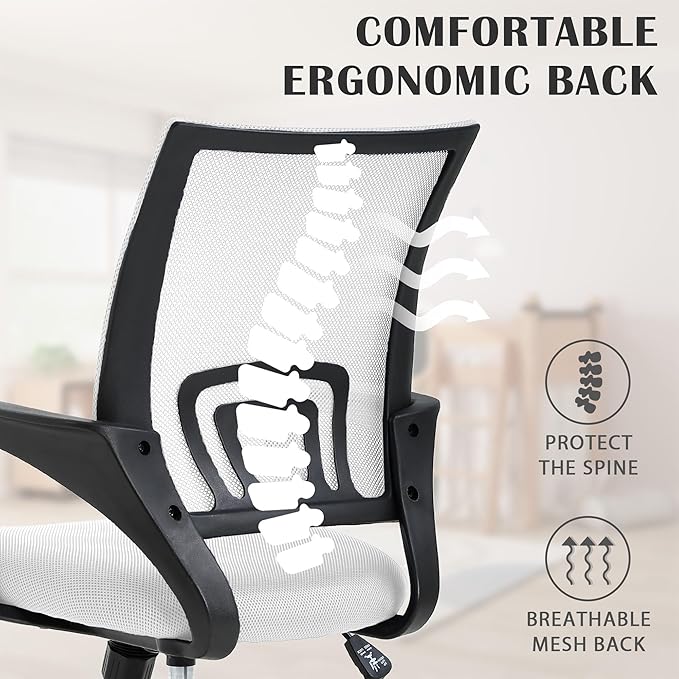 MKDLUFEI Office Chair, Ergonomic Cheap Desk Chair with Lumbar Support, Adjustable Mid Back Task Rolling Swivel for Home Office Student, Adults,Study, White
