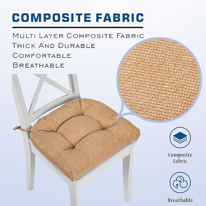 SQUARE MOON D-Shaped 3" Thick Chair Cushions, Chair Pads for Dining Chairs and Kitchen Chairs, Indoor Dining Room Seat Cushions with Ties, Machine Washable, 17" x 16" x 3", 4/Pack, Coffee