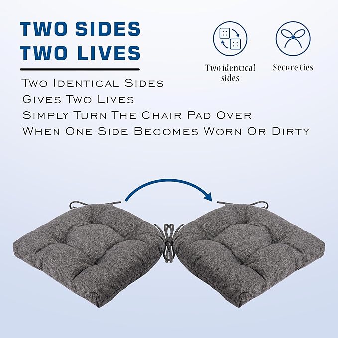 SQUARE MOON D-Shaped 3" Thick Chair Cushions, Chair Pads for Dining Chairs and Kitchen Chairs, Indoor Dining Room Seat Cushions with Ties, Machine Washable, 17" x 16" x 3", 4/Pack, Dark Grey