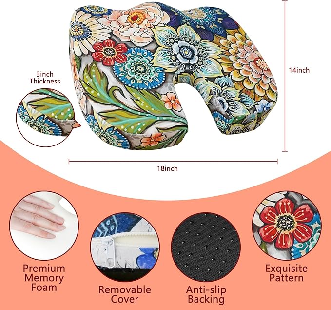 Pressure Relief Cushion, Memory Foam Seat Cushion for Tailbone Pain Relief Coccyx Cushion for Sciatica Pain Ergonomic Seat Cushion for Office Desk Chair, Flower2