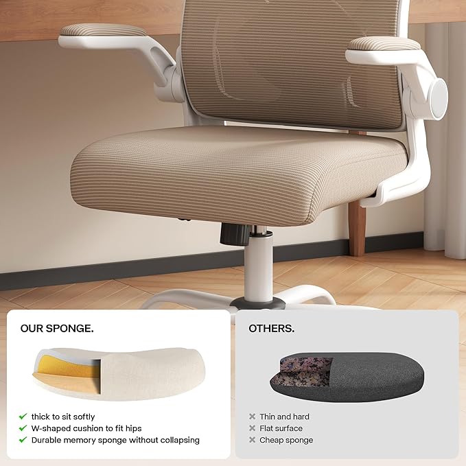 Office Chair, Ergonomic Desk Chair with Adjustable Lumbar Support Flip-up Arms,Comfortable Swivel Mesh Back Computer Chair Executive Task Chair for Home Office Use (Khaki)
