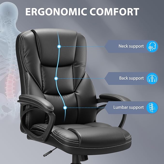 Shahoo Ergonomic Office Chair Executive Adjustable Desk Chair with Flip-up Armrests PU Leather Swivel Computer Chair for Home Office Gaming, Lumbar Support Space Saving 300lbs Capacity, Black