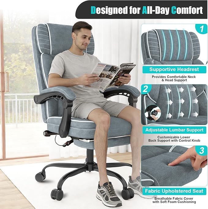 Executive Office Chair with Footrest, Ergonomic Reclining Computer Desk Chair with Adjustable Lumbar Support, 360° Swivel, Breathable Fabric, 400lbs Capacity for Home & Office