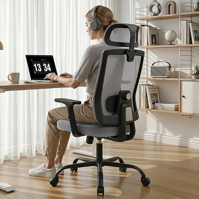 Ergonomic Office Chair, Office Desk Chair with High Back Mesh and Adjustable Lumbar Support, Rolling Work Chairs with Wheels and Adjustable Headrests, Wide Cushion, Grey