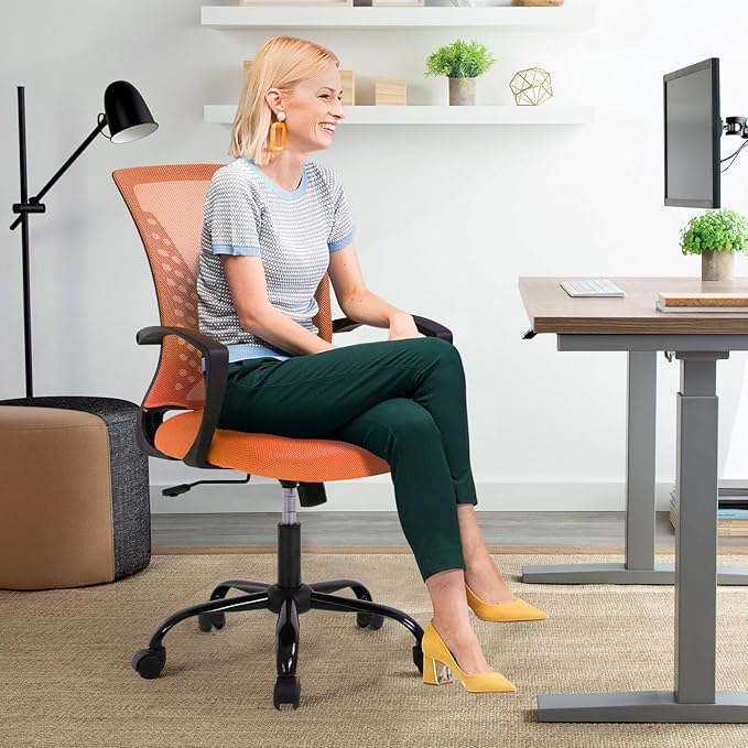 Modern Ergonomic Office Chair - Adjustable Mesh Computer Chair with Lumbar Support & Arms, Comfortable Mid Back Swivel Chair for Home Office, 360° Smooth Rolling (Orange)
