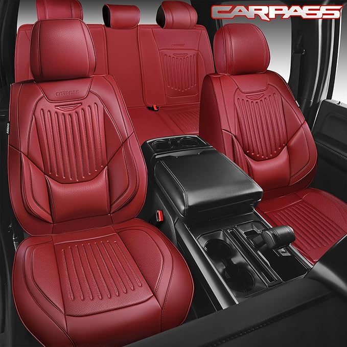 CAR PASS Luxury Nappa Leather Car Seat Covers Full Set, Lumbar Support Seat Covers for Car 5 Seats, Waterproof Car Seat Protector, Automotive Seat Covers Universal Fit for Sedans SUV Trucks Burgundy