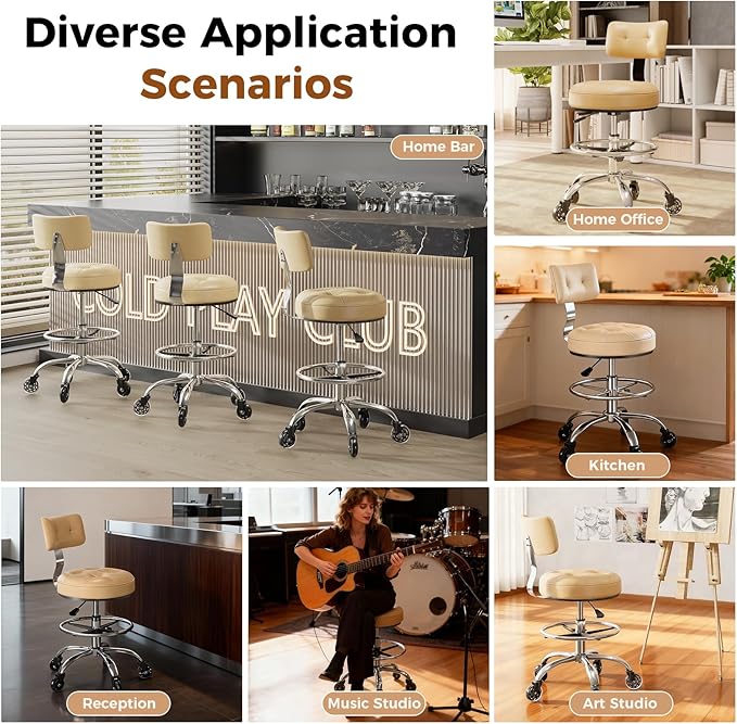Office Drafting Chair with Footrest, Tall Height Adjustable Stool with Back Support, Heavy Duty Rolling Stool Chair with Wheels for Office Home Kitchen Bar Shop Guitar Studio Vanity, White