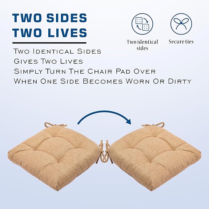 SQUARE MOON D-Shaped 3" Thick Chair Cushions, Chair Pads for Dining Chairs and Kitchen Chairs, Indoor Dining Room Seat Cushions with Ties, Machine Washable, 17" x 16" x 3", 4/Pack, Coffee