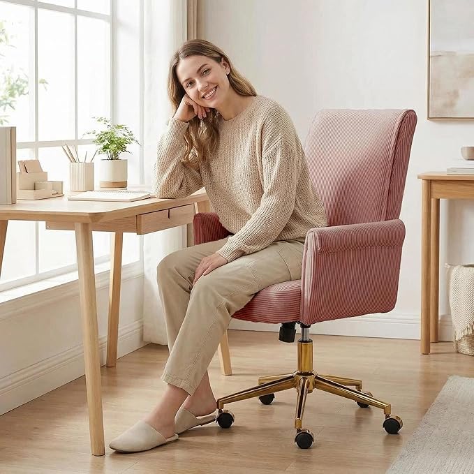 Stripes Velvet Home Office Desk Chair, Accent Upholstered Modern Height Adjustable Swivel Chair with Wheels,Ergonomic Task Chair for Living Room,Bedroom,Vanity,Study,Office（Pink）