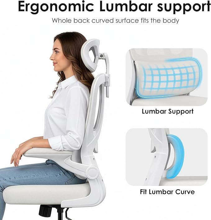 Breathable All-Mesh Ergonomic Chair with Headrest - High Back Desk Chair for Cool, Sweat-Free Work Sessions, Silent Casters Perfect for Bedroom Office (Beige)