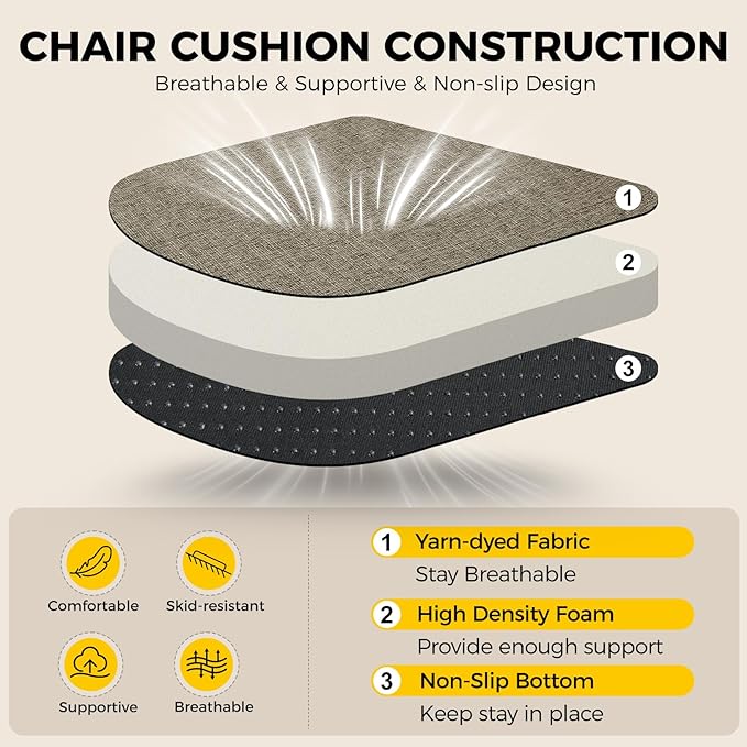 downluxe Indoor Chair Cushions for Dining Chairs, Soft and Comfortable Textured Foam Kitchen Chair Pads with Ties and Non-Slip Backing, 16" x 16" x 2", Khaki, 4 Pack