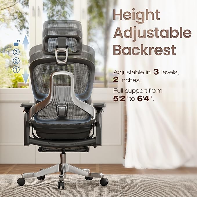 GABRYLLY Ergonomic Office Chair, Home Mesh Desk Chair with Sync Lumbar Support & Sliding Seat, 4D Arm, 150° Recline, Adjustable Back,Big & Tall Computer Chair-Footrest,Aluminum Base, Black, FLOW550