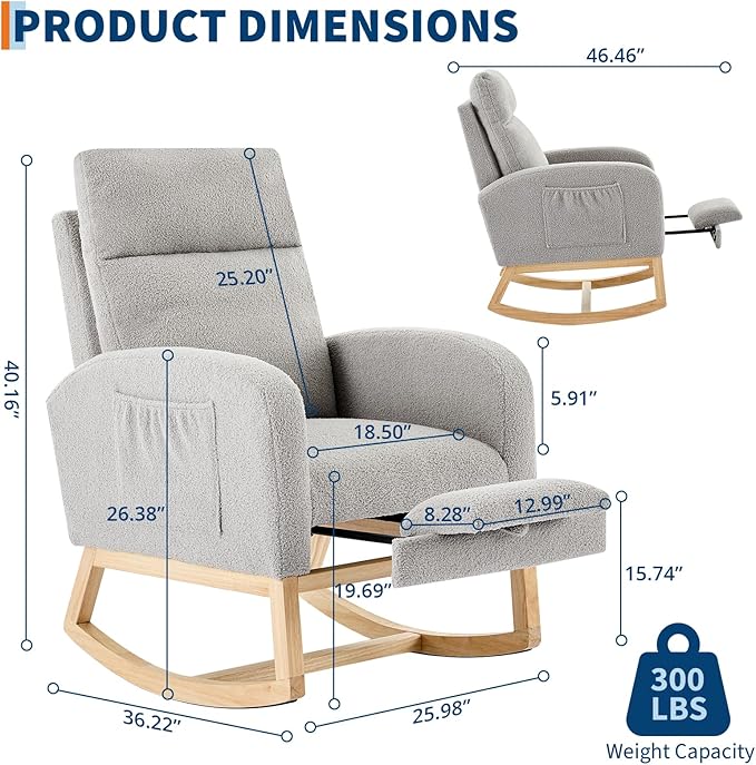 Modern Nursery Rocking Chair, Teddy Upholstered Rocking Chair with Footrest, Comfortable Rocker Recliner with Side Pocket, Rocker Glider for Living Room, Bedroom, Nursing Room