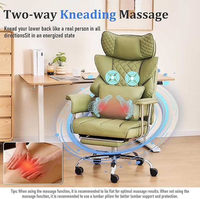 DYHOME 500 Lbs Kneading Massage Office Chair with Foot Rest, Ergonomic Reclining Home Computer Chair, High Back Thick Cushion Big & Tall Office Chair, Comfy Leather Heavy Duty Executive Chair, Green