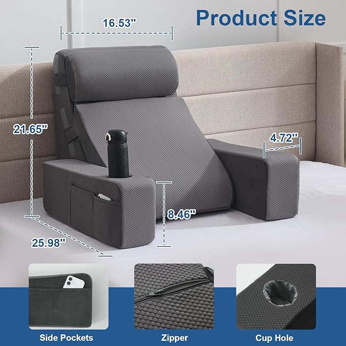 Reading Pillow for Sitting in Bed Adult, Back Pillow for Bed Sitting up with Arms, Pockets and Cup Holder, Sit Up Backrest Pillows for Beds Chair Support, Rest Pillow for Gaming