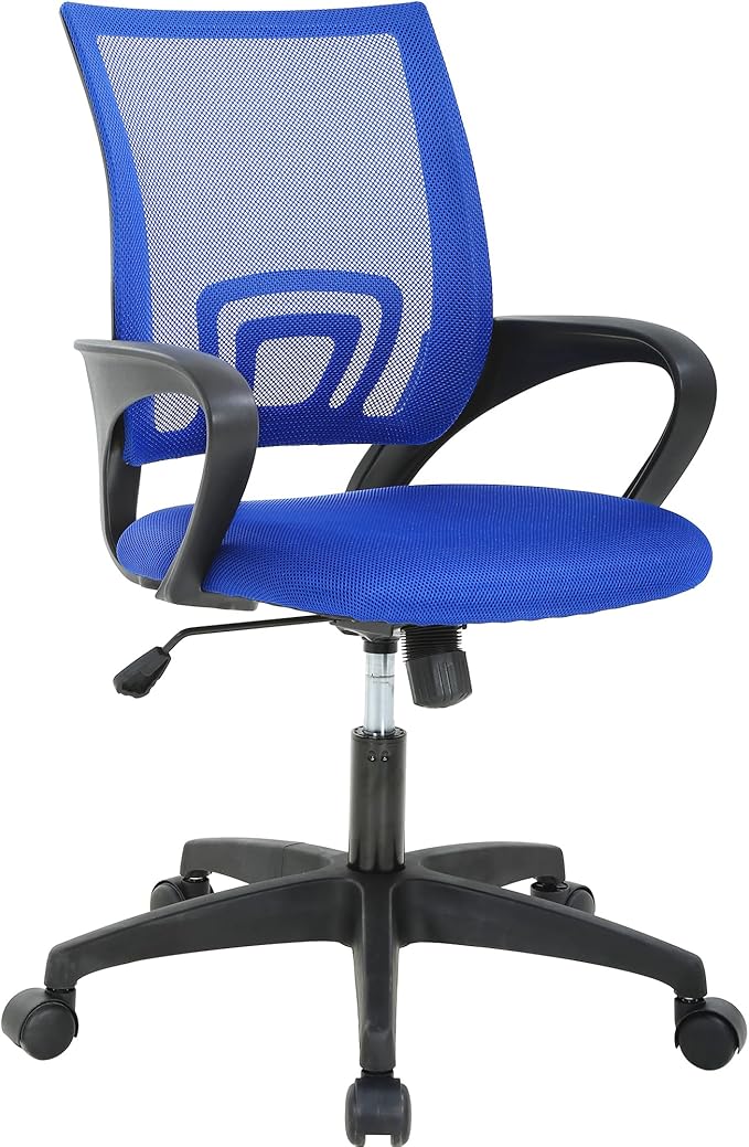 Mesh Office Chair with Adjustable Lumbar - Ergonomic Desk Chair, High-Density Foam Seat & Fixed Armrests, Durable 5-Star Base, PVC Base, Blue