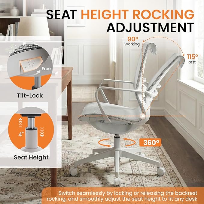 LuxErgo Ergonomic Mesh Office Chair, Mid Back Desk Chair with Lumbar Support & Armrests, Height Adjustable, 115° Recline, 360° Swivel Rolling Task Chairs for Home Office, Grey
