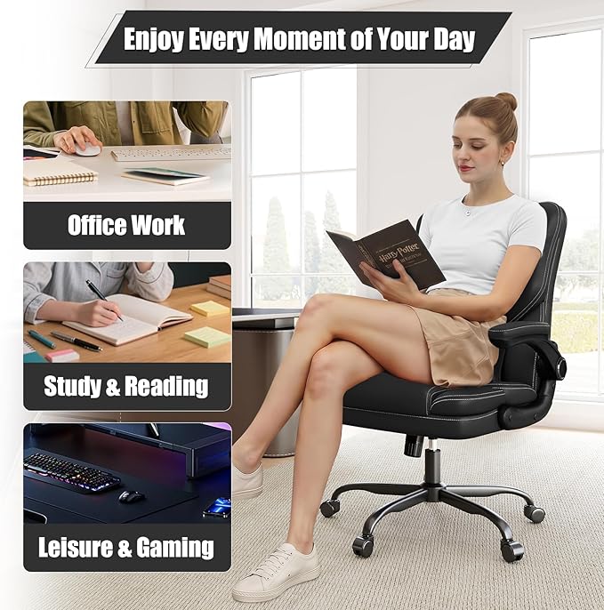 Ergonomic Office Chair with Flip-up Armrests, 300lbs Mid Back Computer Office Desk Chair with Lumbar Support, Executive Leather Chair with Rocking Function Adjustable Height for Home Office