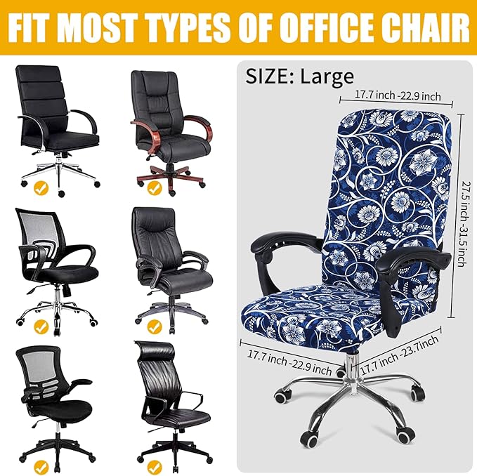 Smiry Stretch Printed Computer Office Chair Cover with Armrest Covers, Soft Fit Universal Removable Washable Desk Rotating Chair Slipcovers, Anti-Dust Spandex Protector with Zipper, Navy Blue