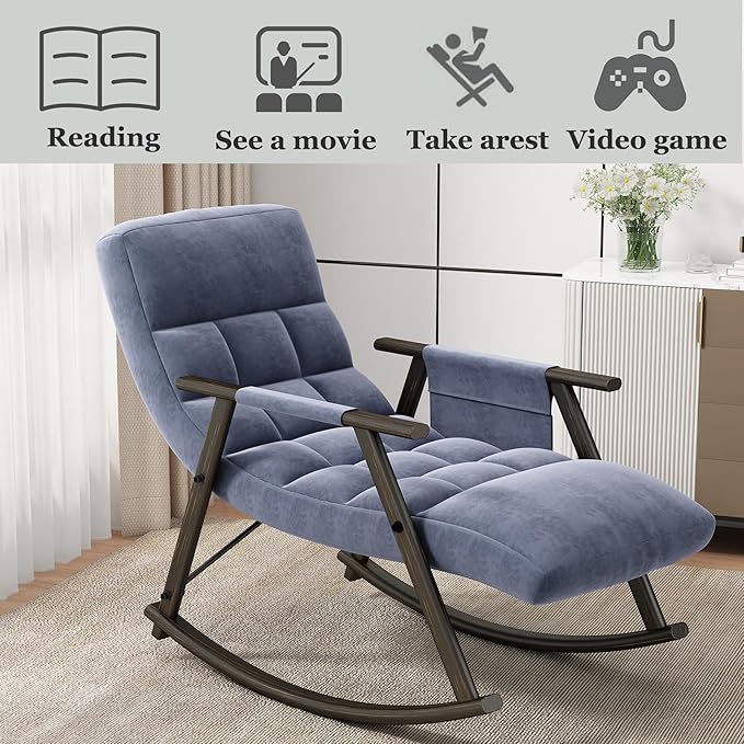 Folding Rocking Chair Nursery with Armrests, Upholstered Lounge Chair Indoor with Side Pocket, Adjustable High Back & Footrest, Glider Rocking Chair for Living Room, Bedroom, Balcony (Velvet, Blue)