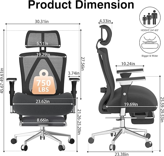 750lbs Big and Tall Office Chair with Wide Thick Seat Cushion,Ergonomic Mesh Chairs for Heavy People,Computer Desk Chair with 4D Armrests,Adjustable Lumbar Support for Long Hours Daliy Work,Grey