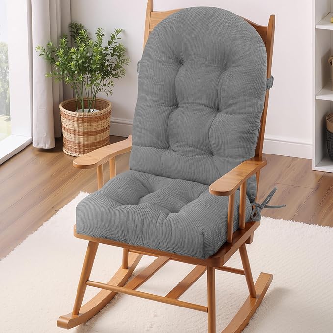 Rocking Chair Cushion - Plaid Corduroy Fabric, High-Density Sponge, Durable Comfort Non-Slip Bottom Tufted Seat Pads with Ties, Plaid Corduroy︱Grey, 44x19x4 inch