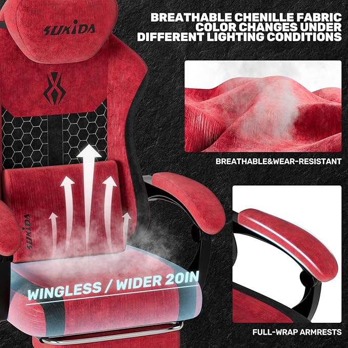 SUKIDA Fabric Video Gaming Chair, Ergonomic High-Back Computer Game Chairs with Large Massage Adjustable Lumbar Support, Headrest and Linked Armrests for Long Hours Sitting Task Chair, Red