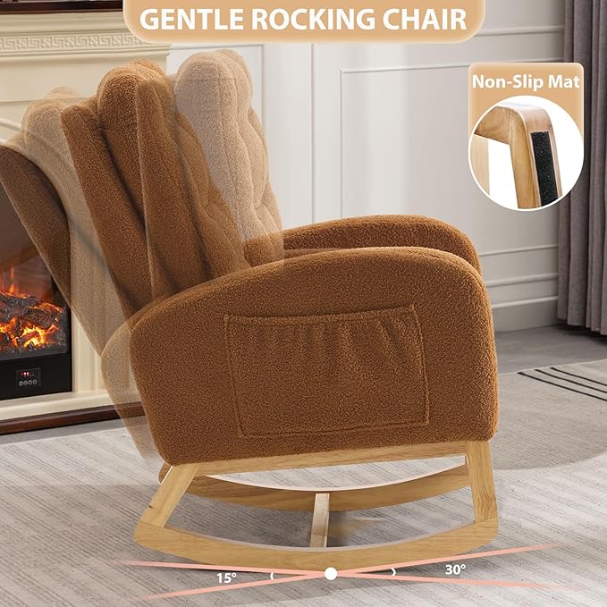 cinkehome Nursery Rocking Chair with Retractable Foot Rest, Teddy Glider Rocking Chair, Mid Century Rocker Chair, High Back, Solid Wood Legs