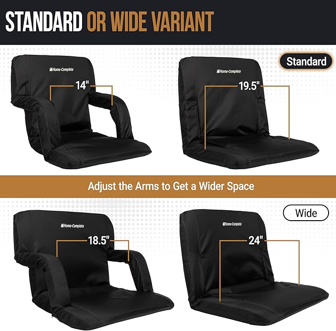 Home-Complete Stadium Seats - Bleacher Cushion with Padded Back Support and Armrests - 6 Reclining Positions Folding Stadium Chair with Carry Straps for Sports, Concerts, Camping, or Beach