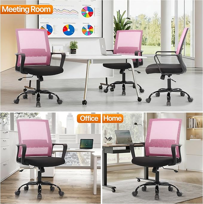 Ergonomic Office Chair, Comfortable Home Desk Chair, Breathable Mesh Back Computer Chair and Lumbar Support, Adjustable Height, Sponge Seat, Pink