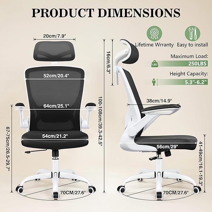 BESTFAIR Office Chair Ergonomic Desk Chair, Breathable Mesh Office Chairs with Adjustable Lumbar Support, Flip-Up Arms, Computer Desk Chair Comfy for Home Office, White