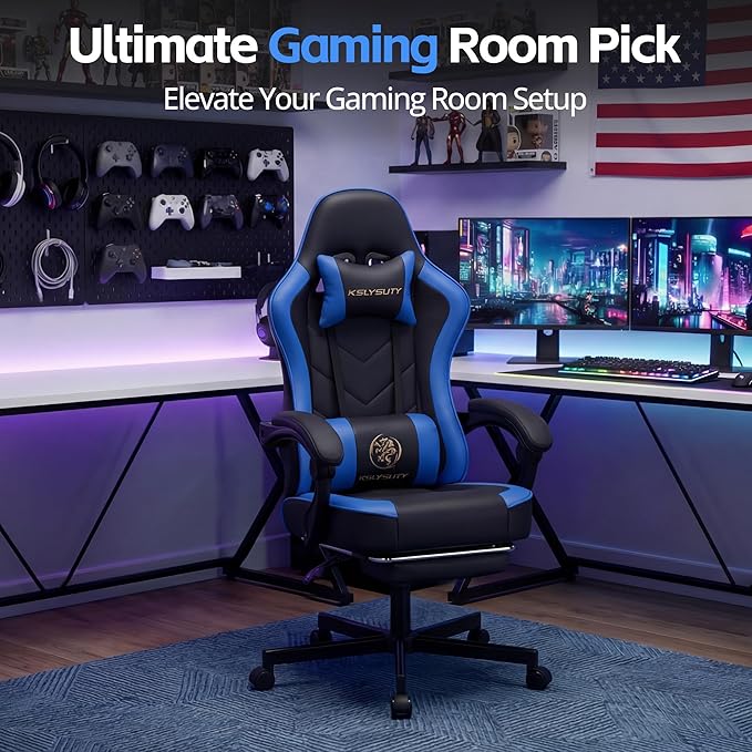 Desk Computer Gaming Chair - High Back Ergonomic Office Chair with Footrest and Lumbar Support, Swivel Comfy Home Gamer Video Game Chairs with Pocket Spring Cushion for Adults (Blue Leather)