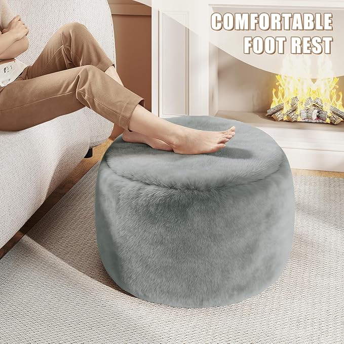 Round Stuffed Pouf Ottoman Foot Rest, Faux Fur Poufs with Memory Foam Filling, Ottomans for Living Room, Nursery, Dorm, Soft Foot Stool Ottoman for Couch, Perfect for Resting Your Feet (Grey, 20 Inch)