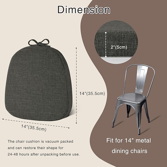 OVOV 14x14 Chair Cushions for Metal Dining Chairs Set of 1 Non Slip Thick Textured Chair Pads for Dining Chairs with Ties and Removable Cover (1, Dark Grey)