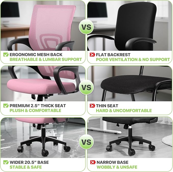 Magshion Ergonomic Office Chair 20 Pack, Mid-Back Mesh Desk Chair, Adjustable Swivel Computer Chair with Lumbar Support & Breathable Backrest for Gaming, Work, Study, 300 Lbs Capacity, Pink