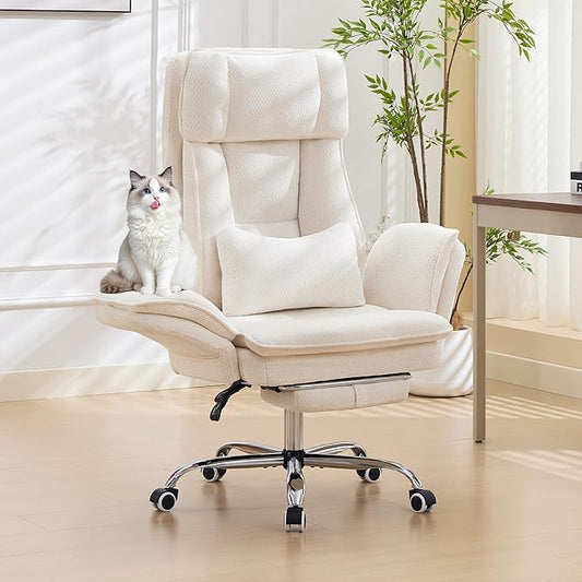 TonghuaS Criss Cross Office Desk Chair with Foot Rest and Flip Armrests for Pets Friendly & Extra Space, Ergonomic Reclining Gaming Computer Chair with Lumbar Pillow(Chenille Fabric Off-White)