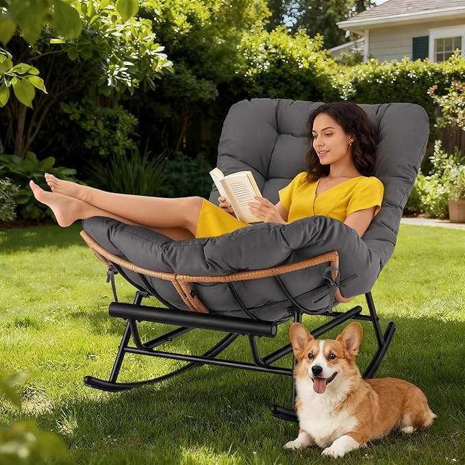 Jojoka Oversized Papasan Rocking Chair with Integrated Detachable Foot Rest, Thick Removable Cushion, PE Rattan Metal Frame Lounge Chair for Indoor Outdoor Patio, Garden, Porch, Living Room