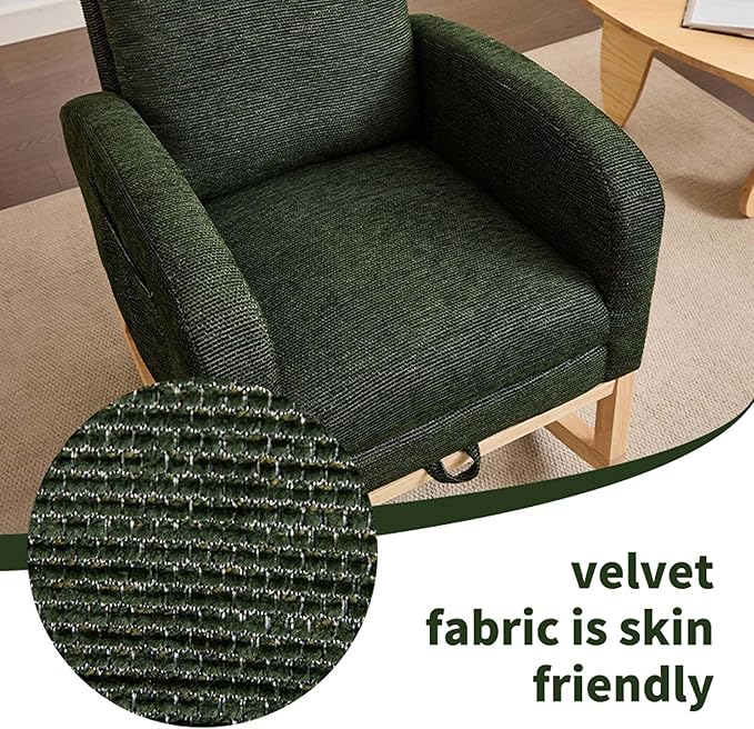 40" Fabric Nursing Rocking Chair, Nursery Chairs with Adjustable Foot Rest, High Backrest Upholstered Arm Chair with Side Pockets, Wood Rocking Chair for Living Room, Bedroom, Baby Room (Dark Green)