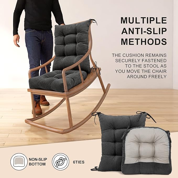 Lokex Rocking Chair Cushion Only,Tufted Non-Slip Comfortable Rocking Chair Cushions Indoor with Ties,Striped Rocking Chair Pads (Dark Gray-S2064-20, 21x17/17x17)