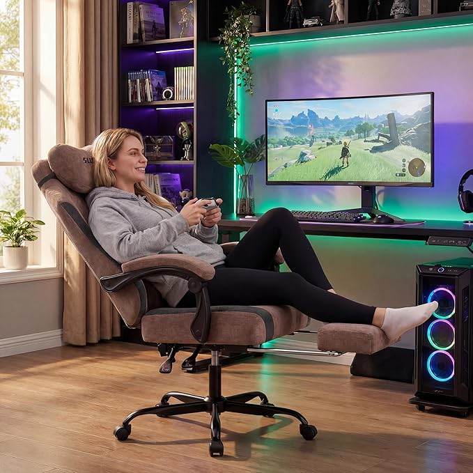 SUKIDA Fabric Video Gaming Chair, Ergonomic High-Back Computer Game Chairs with Large Massage Adjustable Lumbar Support, Headrest and Linked Armrests for Long Hours Sitting Task Chair, Brown