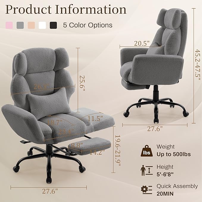 Office Chair with Flip Armrests,Big and Tall Office Chair with Foot Rest,Extra Wide Seat & Lumbar Pillow,Ergonomic Computer Gaming Chair,Comfy Criss Cross Chair for Pets Sitting,Teddy Fleece,Grey