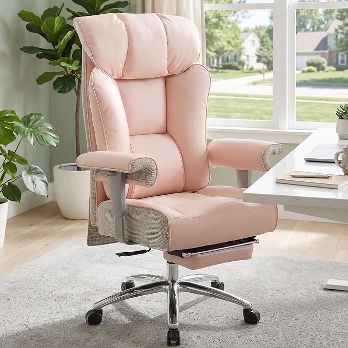 Efomao Big and Tall Office Chair for Women 400lbs - Heavy Duty Executive Desk Chair with Footrest & 23" Wide Seat - High Back Computer Chair for Heavy People, Home Office, Pink
