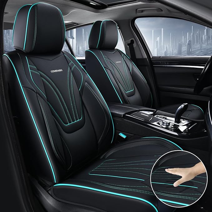 Coverado Car Seat Covers Full Set, 5 Piece Car Seat Protector with Lumbar Support & Removable Headrest, Breathable Leather Front Rear Seat Cushion Universal Fit for Truck Automotive Black & Blue