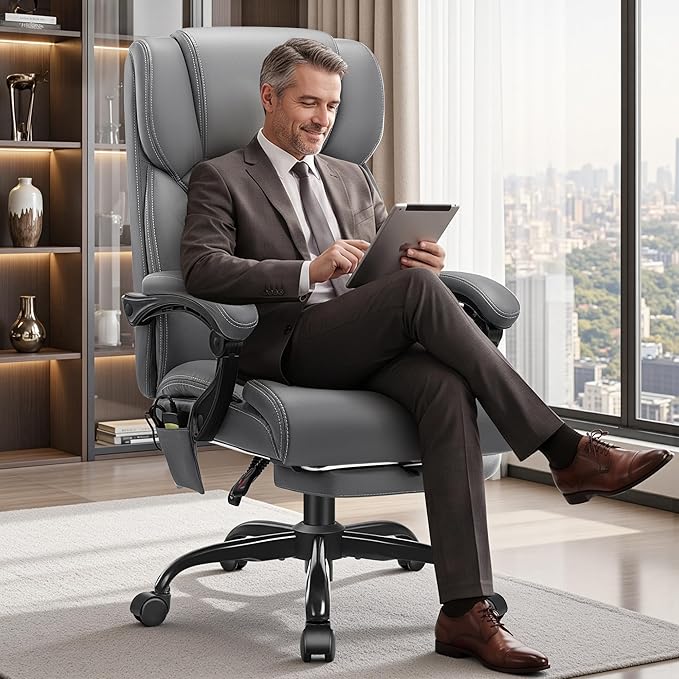 Massage & Heat Office Chair with Footrest, 400LBS Reclining Ergonomic Executive Chair for Big & Tall, High Back Home Office & Gaming Desk Chairs for Heavy People, Grey
