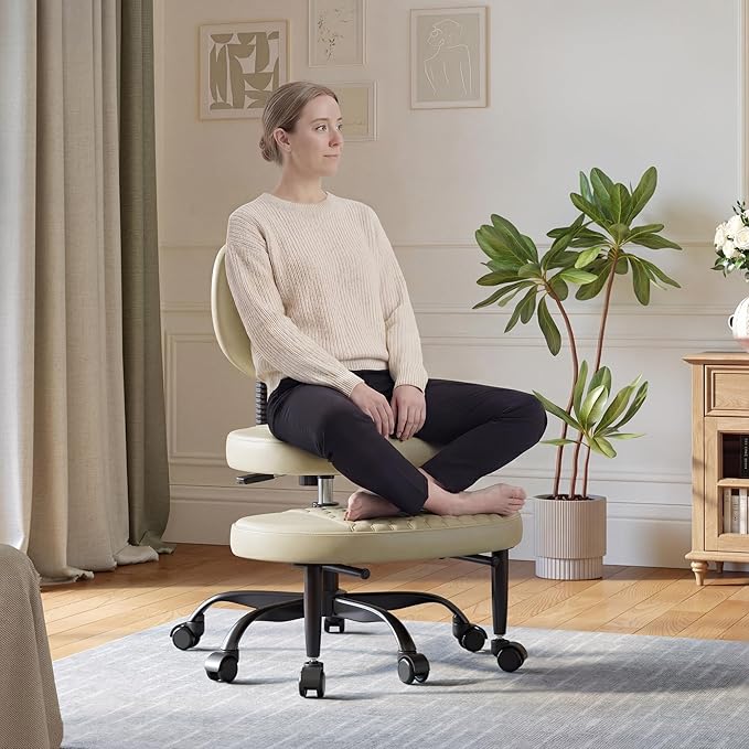 Cross Legged Office Chair, 360° Swivel ADHD Chairs for Adults, Height Adjustable Ergonomic Cross Legged Office Chair with Wheels, Wide Cross Legged Chair for Meditation, Yoga (Beige)