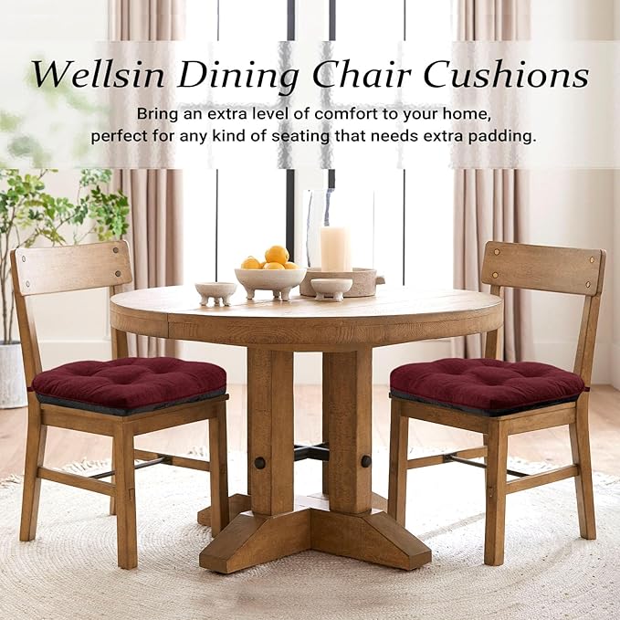 Wellsin Chair Cushions for Dining Chairs, Non-Slip Kitchen Chair Pads with Ties, Tufted Shredded Foam Kitchen Chair Cushions Set of 4, 15.5" X 15.5",Burgundy